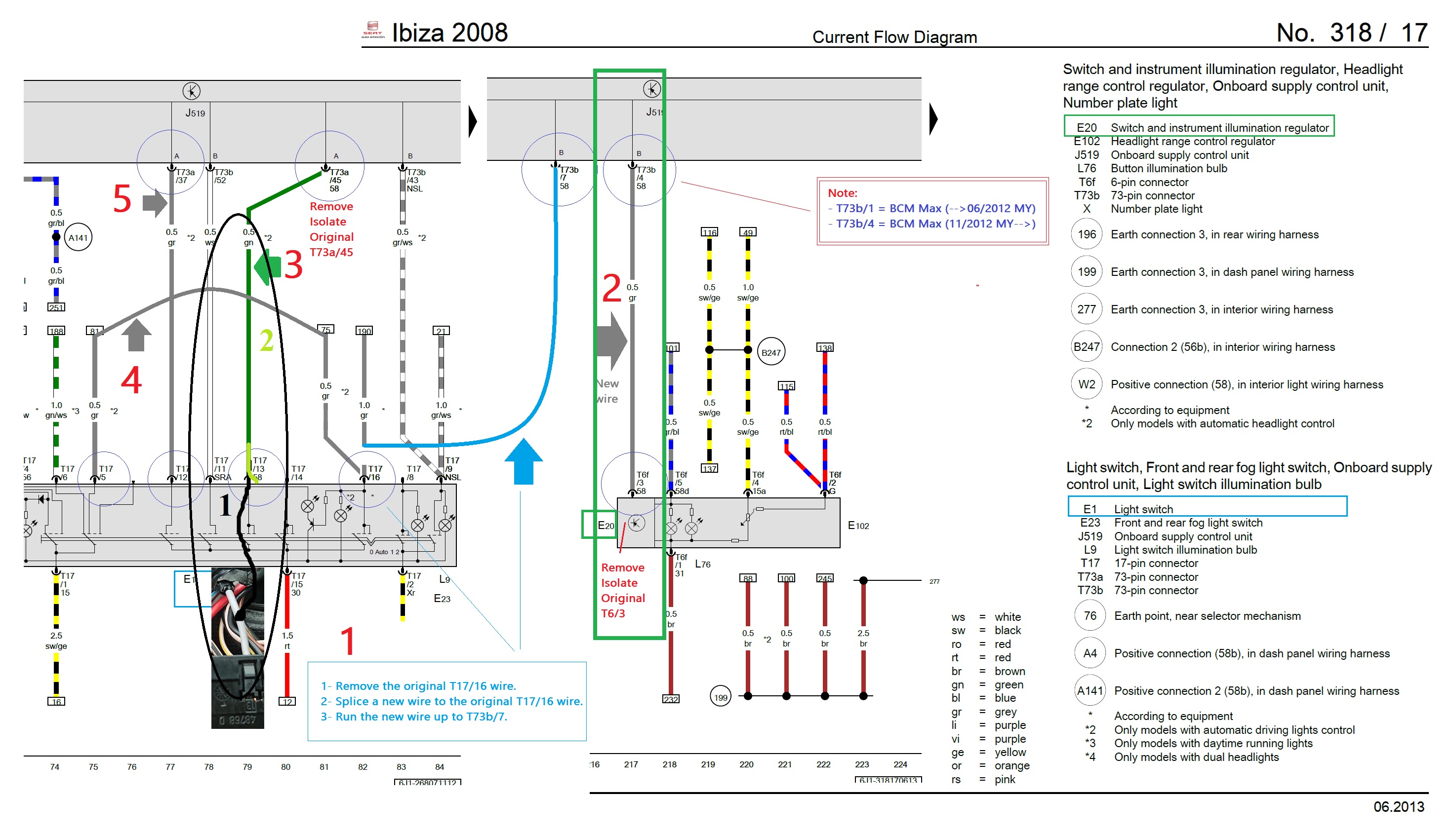 2.Remove the original T17 / 13 cable and insert the new T73a / 45 <--> T17 / 13 or 1.T73a / 45(new) bridge <--> T17 / 13 (original)